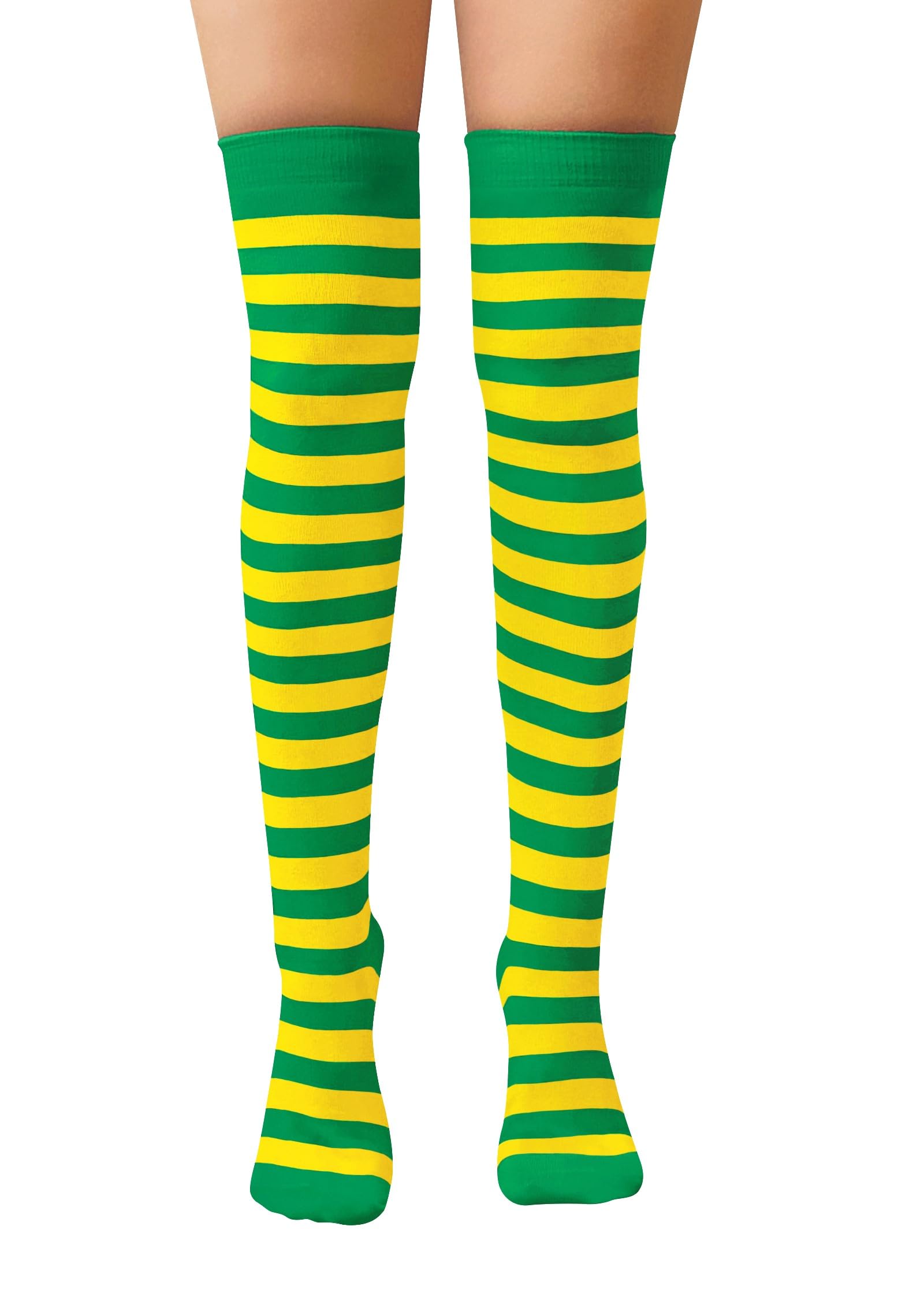 Nujake Girls Green & Yellow Striped Over The Knee Socks Fancy Dress Up Themed Cosplay Christmas & Halloween Uk Size 4-5.5 (Green & Yellow)