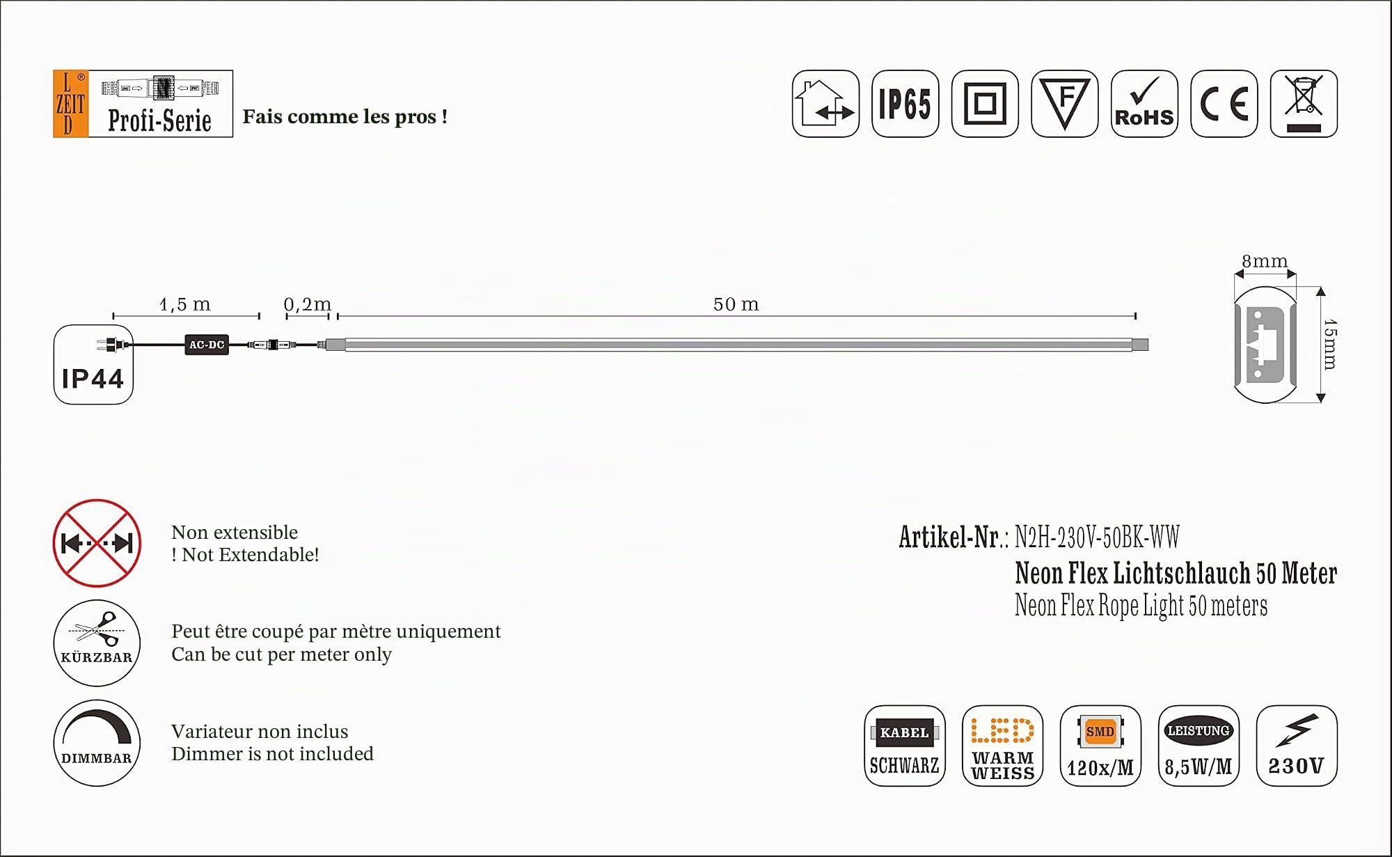 Profi Serie - Bande lumineuse néon flexible LED 50m, extérieur et intérieur, blanc chaud, dimmable, diffusion, 220-240V, light tube, flexible pour bâtiments, commerces, projets, décoration