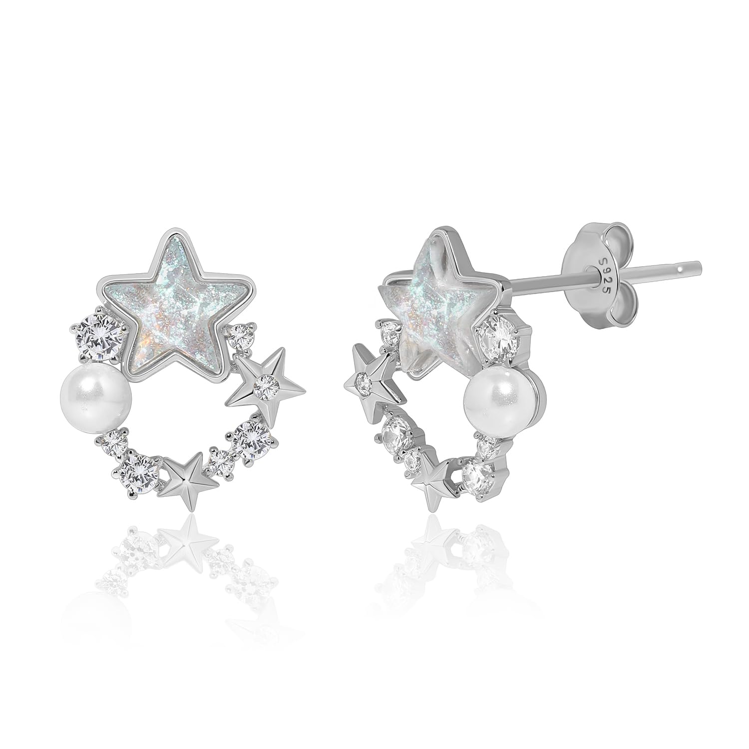 Meissa Orecchini a stella di perle fatti a mano per ragazze Tee Orecchini a perno plissettati d'oro Stella d'argento con zirconi Ipoallergenici, Argento