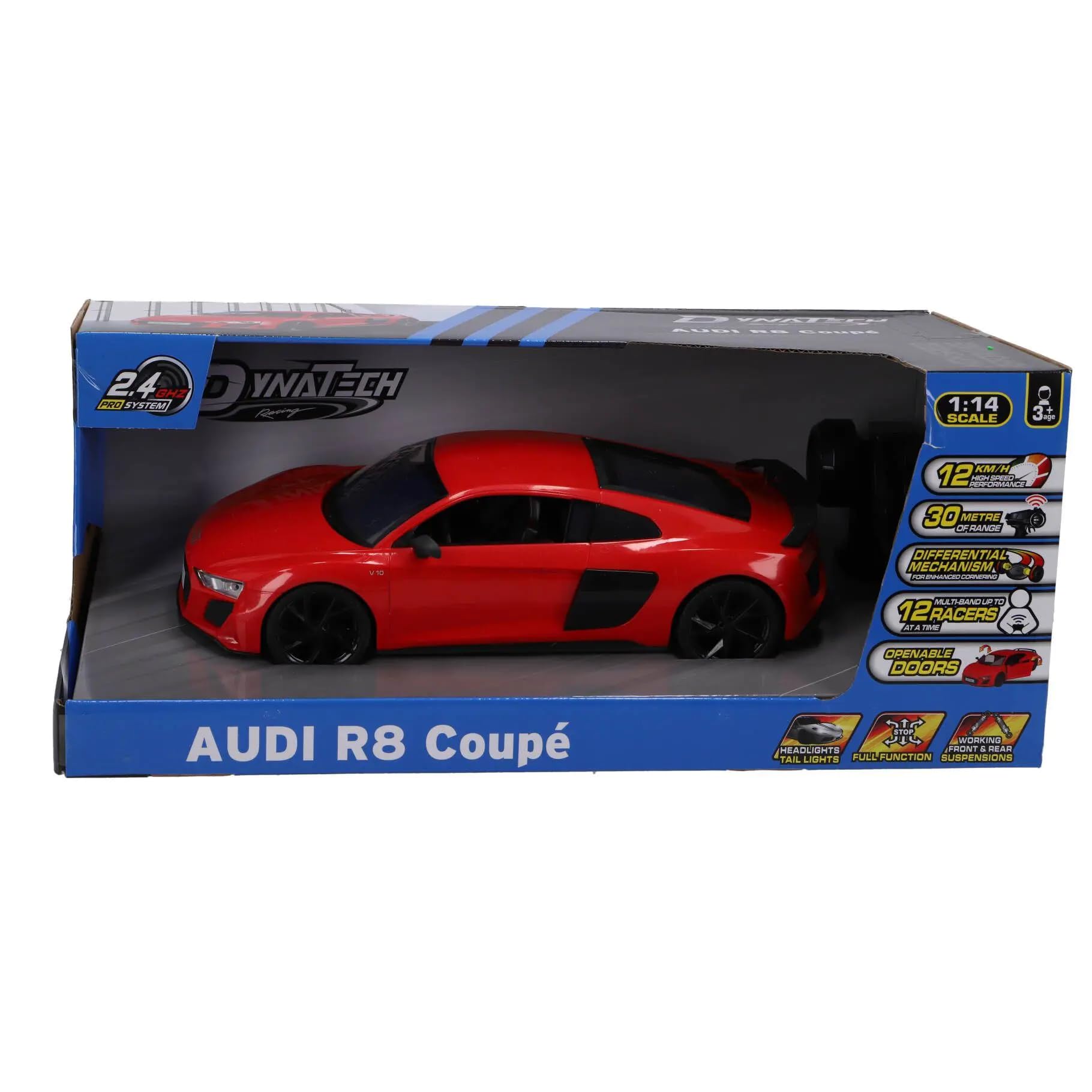 Dynatech Audi R8 Coupé RC Auto 1:14 Rosso | Veicolo telecomandato con controllo a 2,4 GHz e luci a LED | Divertimento da corsa per bambini dai 3 anni in su