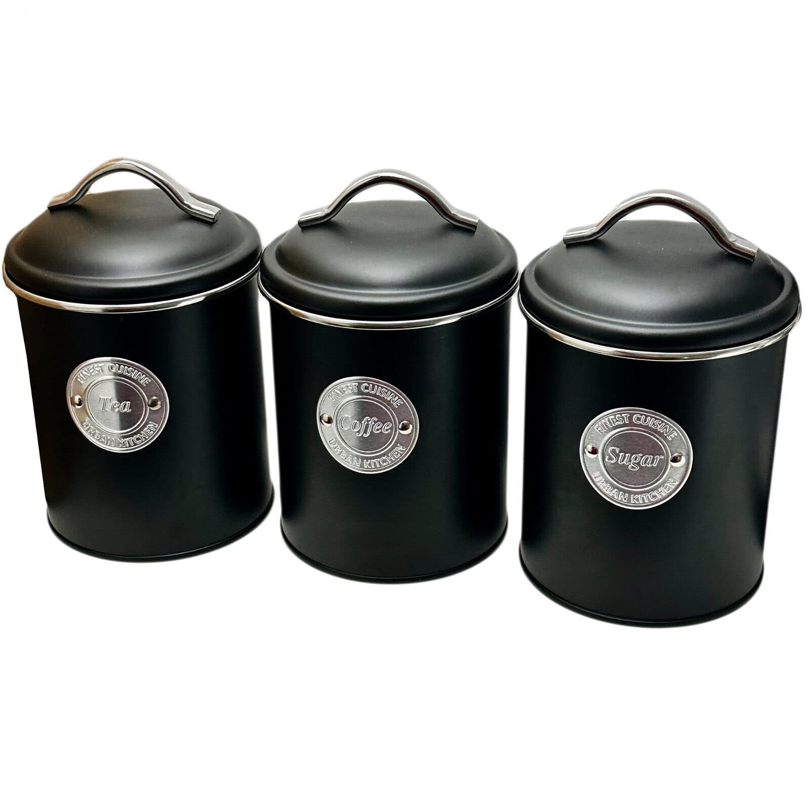 Darthome Black Tea Coffee Sugar Canisters Metal Airtight Lid Kitchen Storage Jars 3Pc Set