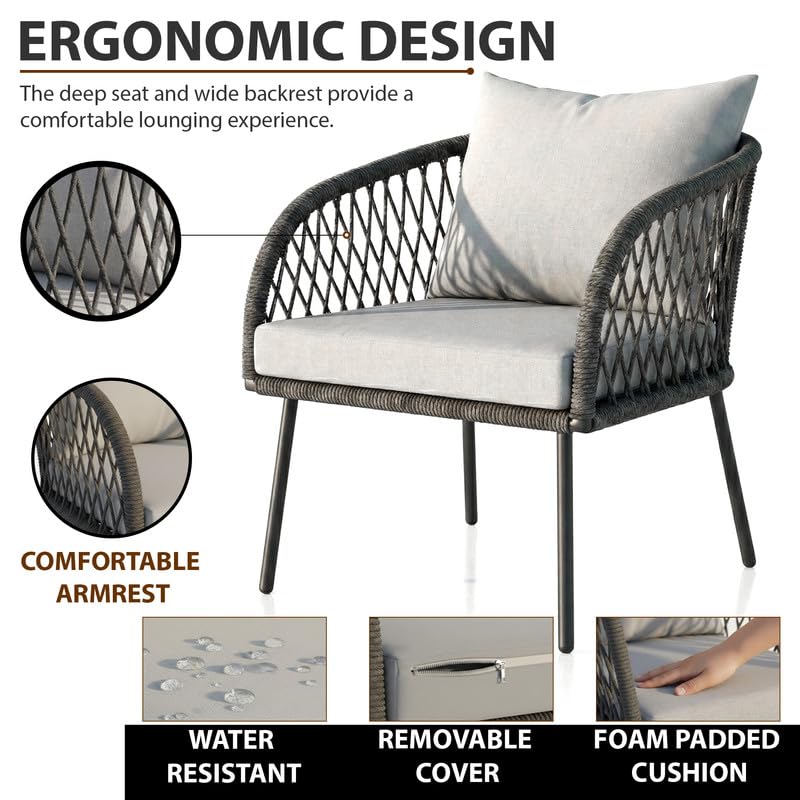 Image of OUTLIVING Braid Rope & Metal Frame Outdoor 4-Seater Sofa Set with Tempered Glass Top Center Table, Water-Repellent Cushions & Handwoven Design for Patio, Garden and Balcony (Grey)