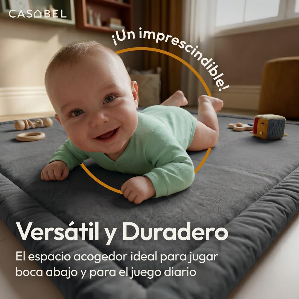 CASABEL Alfombra de Juego para Bebé de Terciopelo Gris 120×120 cm, Gruesa y Suave, Espuma cómoda, Base antideslizante, Fácil de limpiar, Elegante para habitación infantil