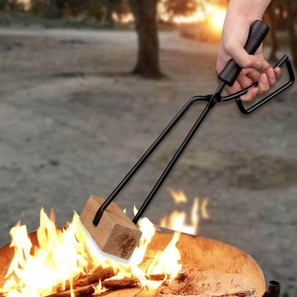 Pince à Feu En Acier Carbone - Poignée Cuir - Pour Barbecue, Camping, Cheminée - Spring Assisté, Dentelée - Étui Inclus - 13