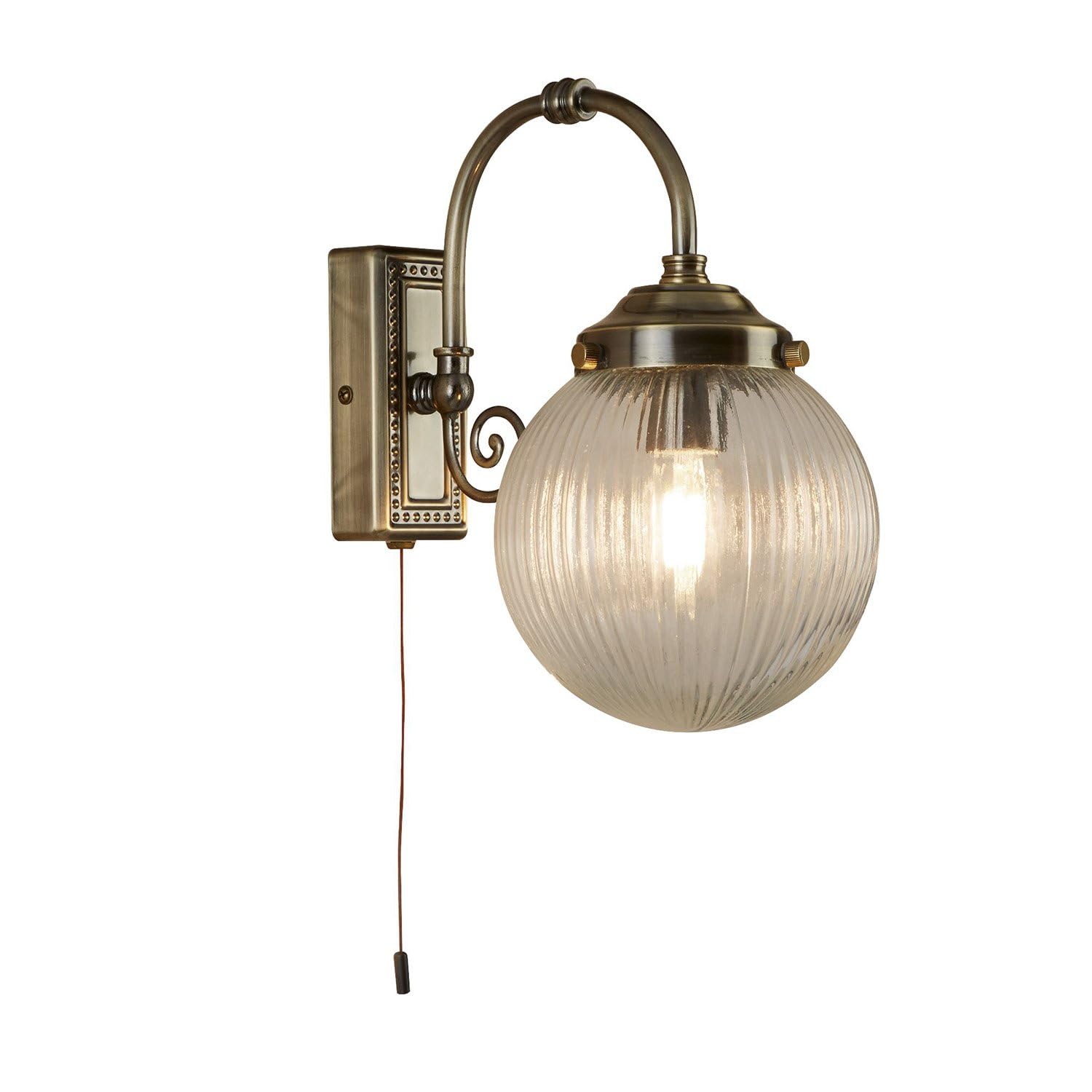 Searchlight 3259AB Belvue One Light Wall Light in Antique Brass with Round Ribbed Glass Shade