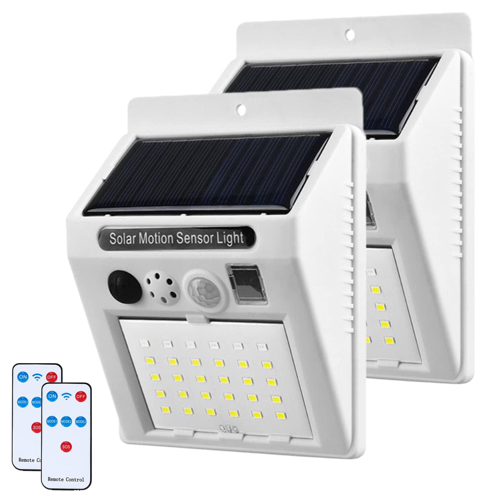AMZSTAR Solar Motion Sensor Security Lights Wall Lights with Remote, 3 Modes Waterproof Solar Alarm Strobe Light, Outdoor Solar Lamp for Farm, Barn, Villa, Yard, Garden (2pcs)