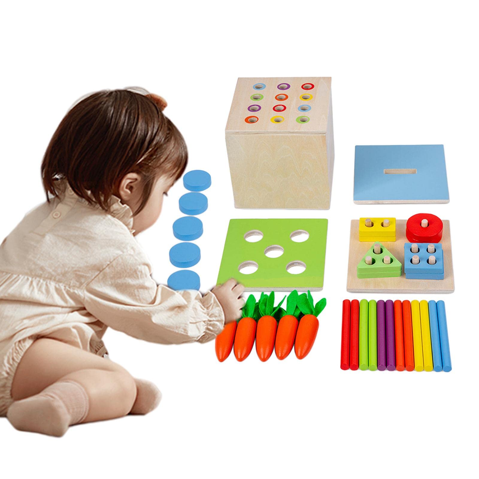 Qianly Set di Costruzioni in Legno, Fattoria, Frutteto E Mattoncini Fai-da-Te per Bambini Piccoli, Multicolore, Scatola di Intelligence 4 in 1
