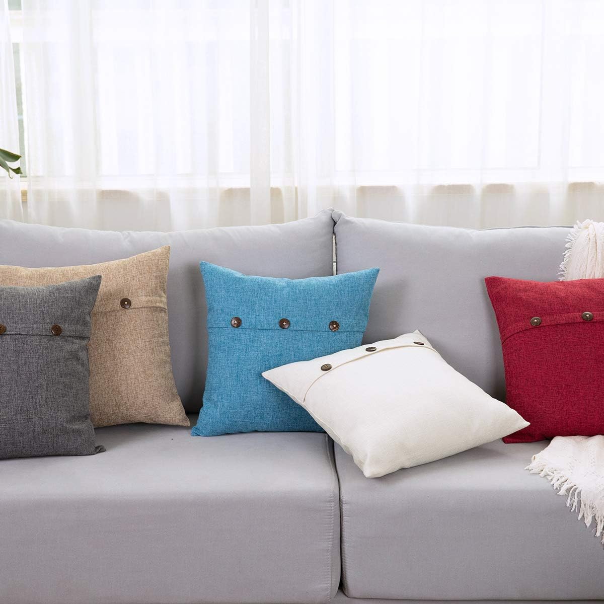 LHKIS Throw Pillow Covers 20x20 Set of 2, Decorative Linen Farmhouse Pillow Cases for Couch Sofa,Vintage Cushion Cover with Triple Button, Green: Home & Kitchen