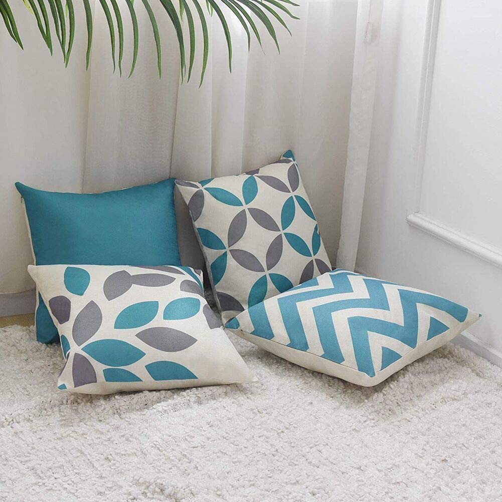 Federe Per Cuscini Divano 45x45 Cm Set Di 4: Motivi Geometrici Verde E Bianco, In Cotone Lino, Con Cerniera Nascosta.