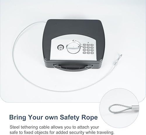 Miniatura 6 de Caja de seguridad negra con bloqueo de teclado digital, pequeña caja fuerte de viaje de acero con asa de transporte para dinero (0.08 pies cúbicos)