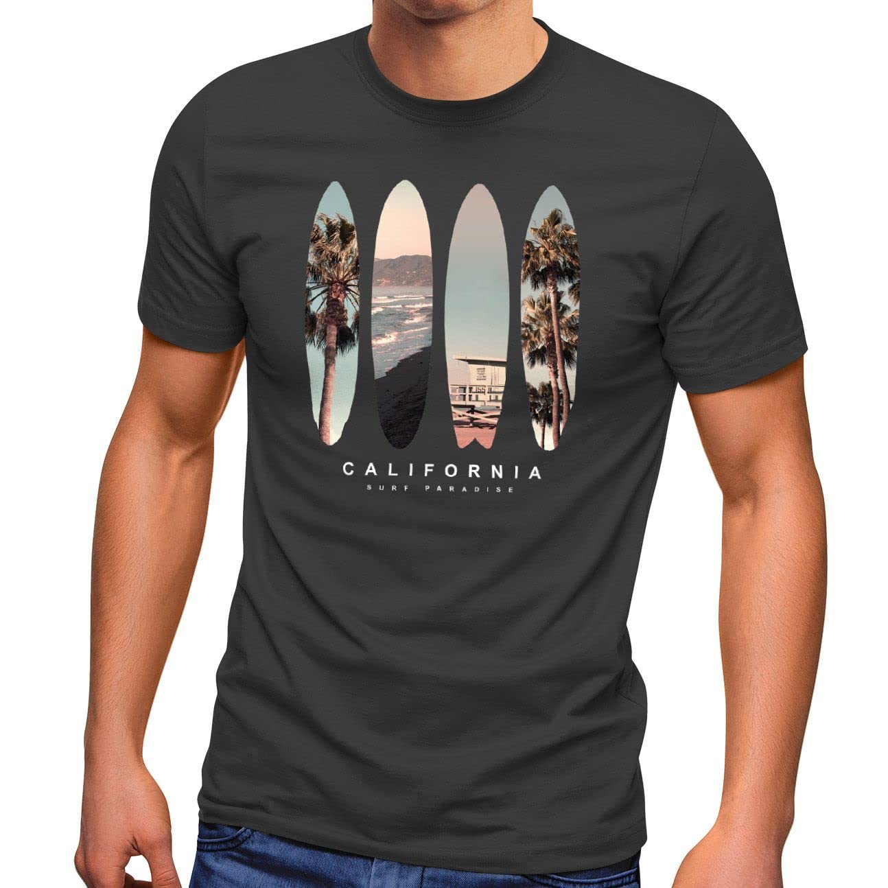 NeverlessMen's T-Shirt California Surf Paradise Surfboards Graphic Photo Print California USA America Summer Fashion Street Style