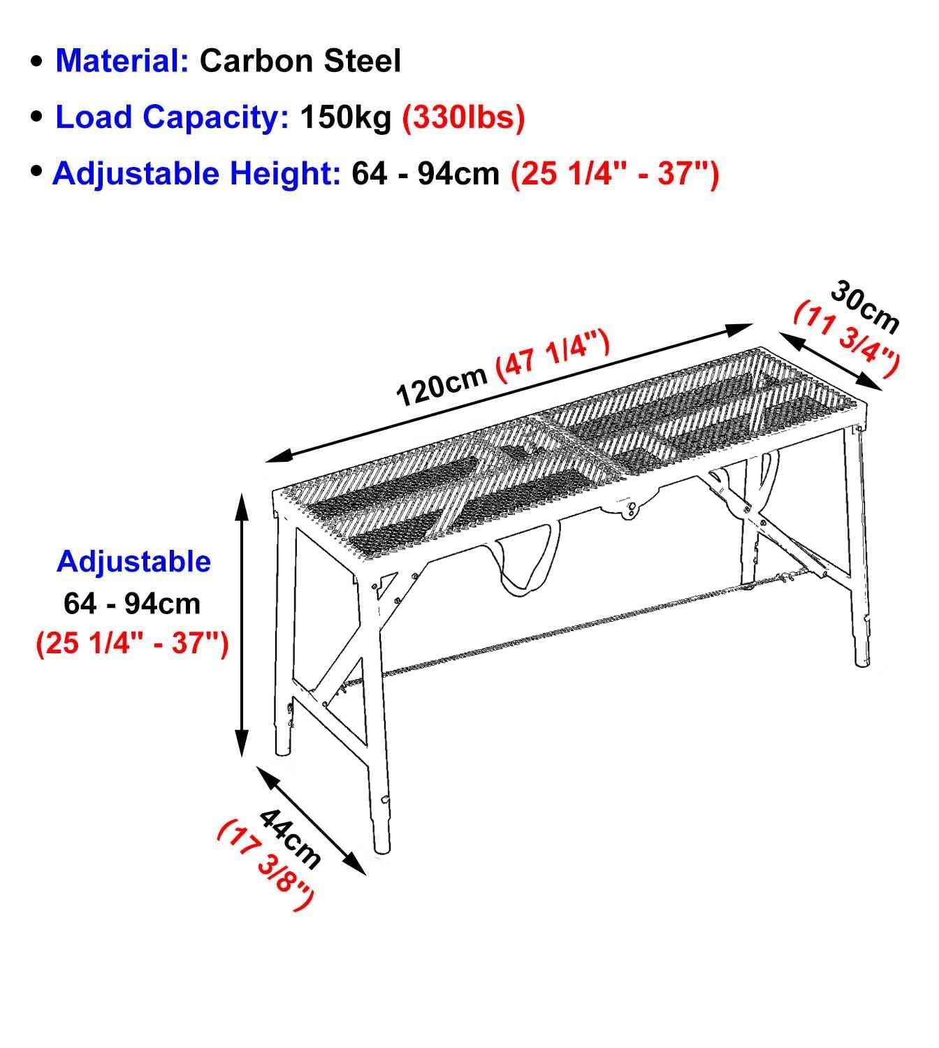 Plataforma metálica Plegable para Andamios, Apta para Uso Interior y Exterior. Banco de Trabajo Antideslizante para escaleras y Andamios. Color Negro/Gris. Dimensiones: 180 x 30 cm / 120 x 3