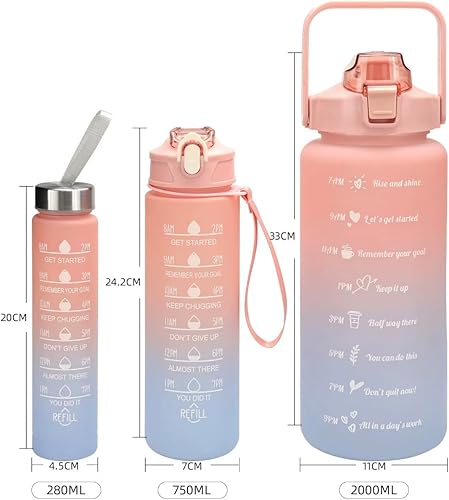 Miniatura 2 de Juego de botellas de agua motivacionales de 3 piezas, 9 onzas, 25 onzas, 64 onzas, a prueba de fugas y sin BPA con pajilla, diseño degradado ligero,