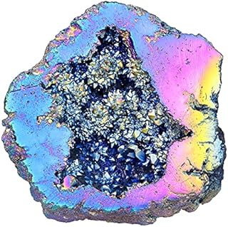 Amogeeli Raw Stone Titanium Coated Quartz Geode Crystal Cluster for Home Office Decoration Reiki Healing Mediation (Rainbow)