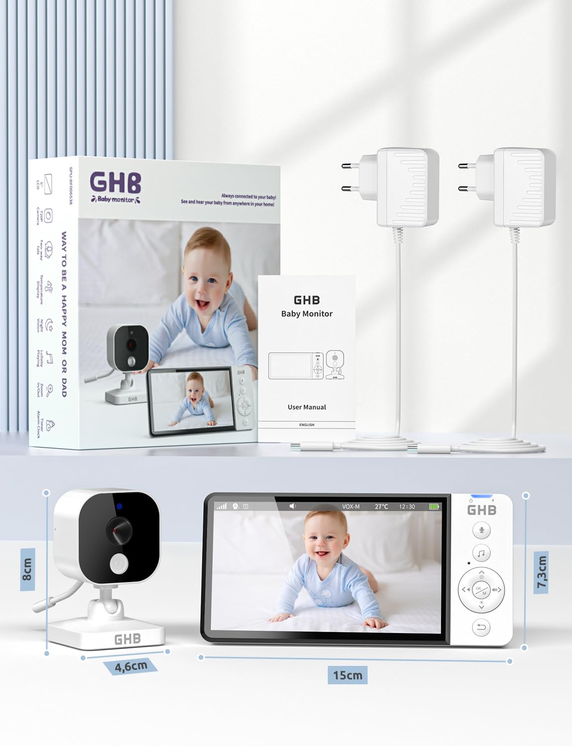 GHB Camara Vigilancia Bebe con 5" HD Vigilabebes con Camara Duración de Batería 168 Horas Pantalla Dividida, 4×Zoom, Comunicación Bidirecciona Escucha Bebe