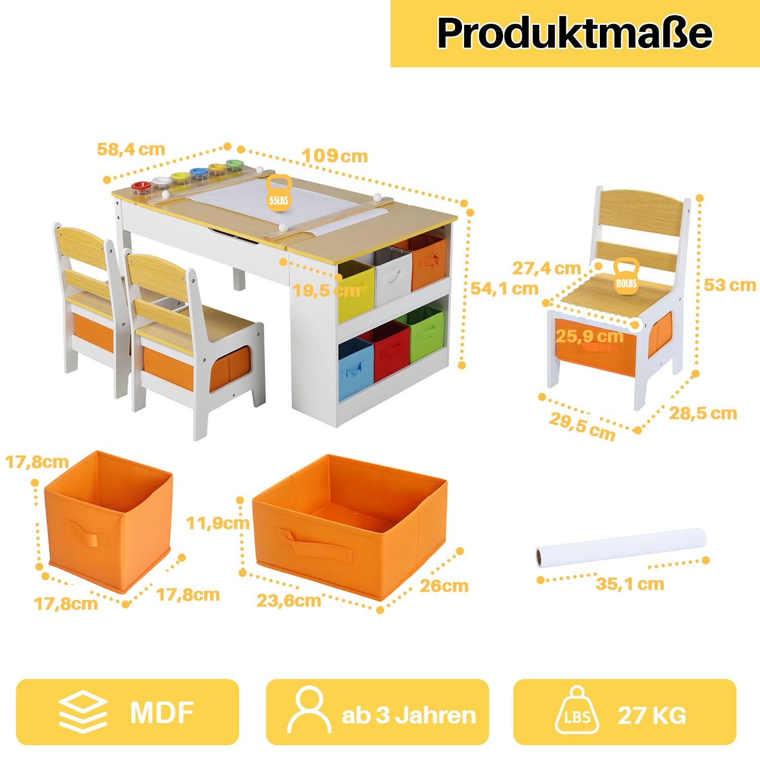 ROCSUMOO Kinder-Kunsttisch-Set mit 2 Stühlen - Holzerner Aktivitätstisch für Kleinkinder mit Verstellbarer Tischplatte, Farbpigment-Eimer und 8 Stoff-Aufbewahrungsboxen (Natürlich)