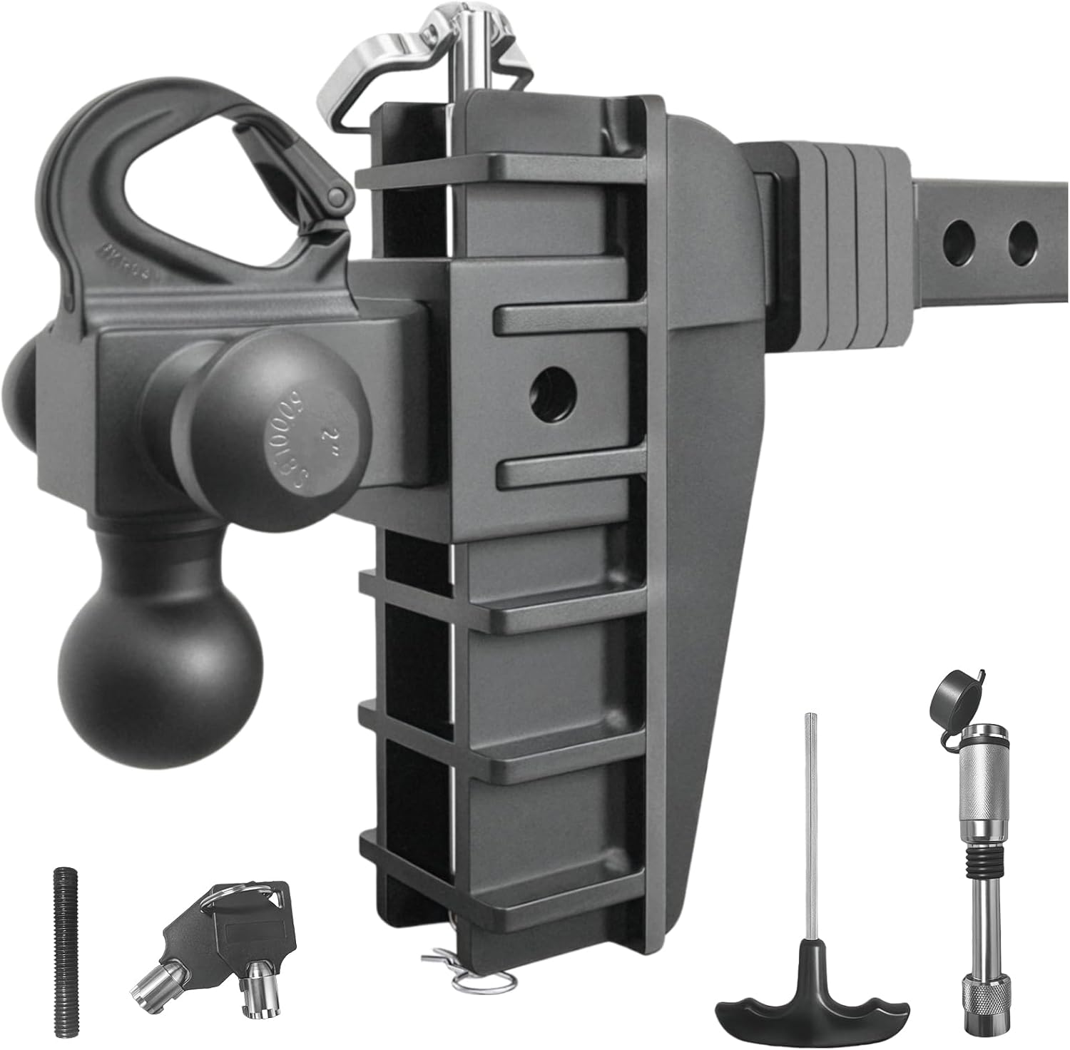 Adjustable Trailer Drop Hitch, Truck Tow Hitch for 2 inch Receiver, Heavy Duty Aluminum Tri Ball with Shackle for Towing, 6" Drop and Rise Mount 18500 LBS GTW, 4 Silencer Pads