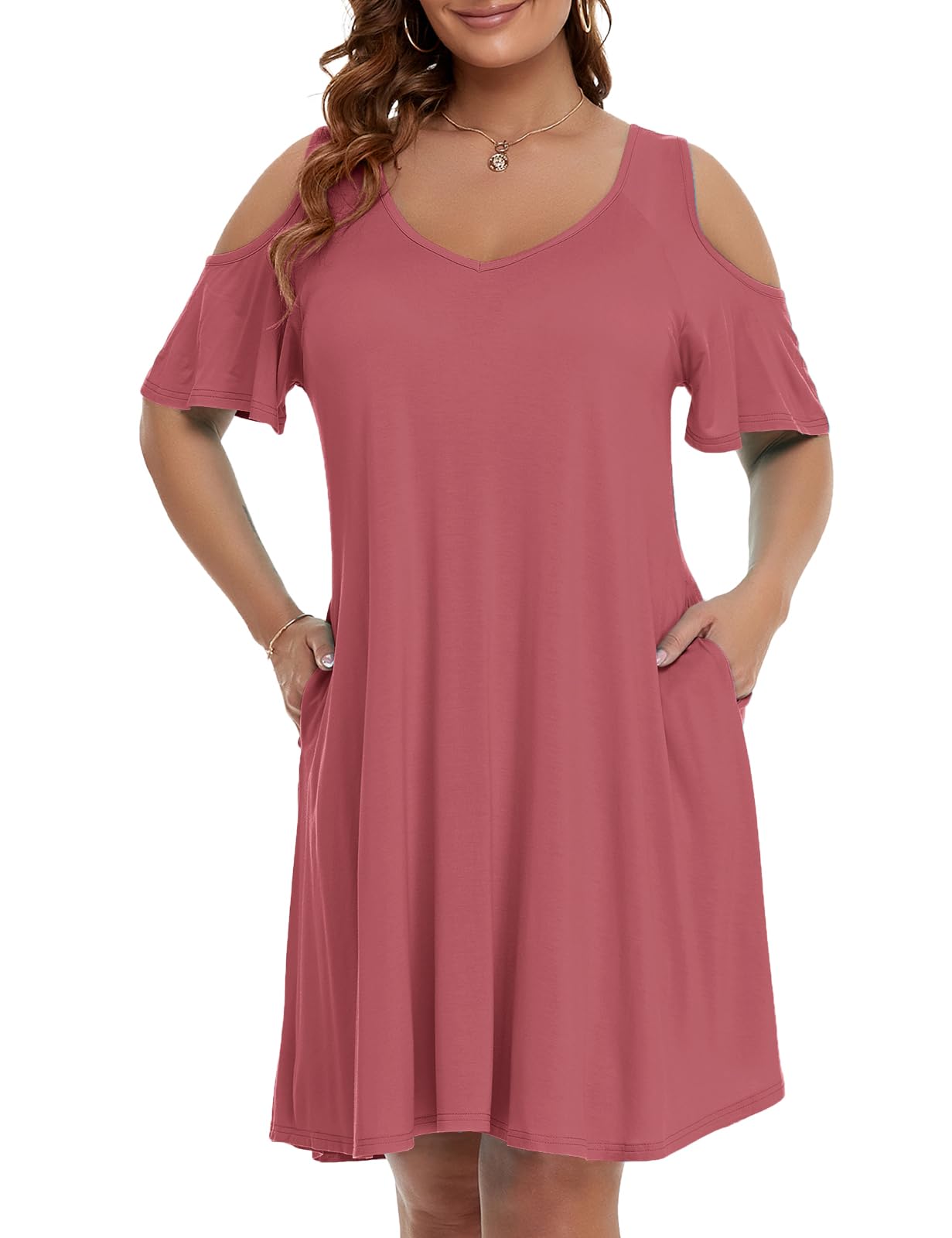 JollieLovin Womens Plus Size Short Sleeve Cold Shoulder V Neck T-Shirt Dress with Pockets