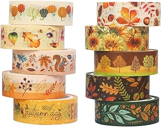 Autumn Washi Tape Set 10 Rolls - Autumn Leaves Pumpkin Sunflower Fall Washi Masking Tape Decorative Tape for Bullet Journal, Planner, DIY Arts & Crafts, Scrapbooking, Gift Wrapping
