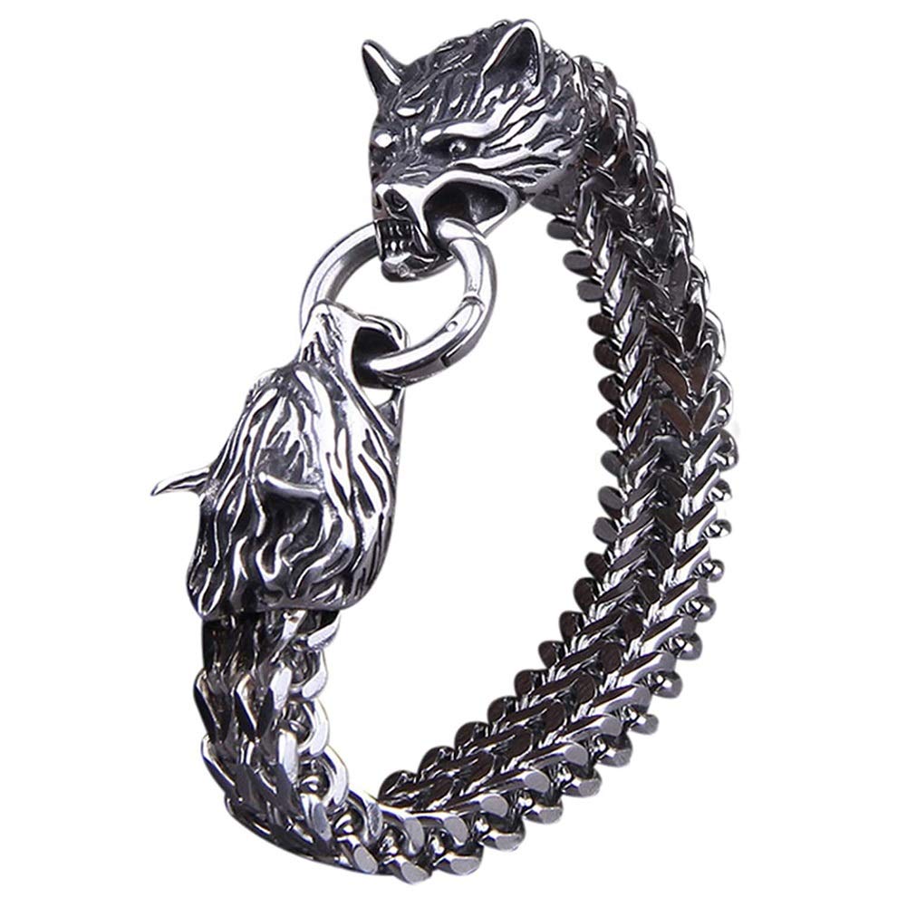 Viking Double Wolf Head Fenrir Bracelet,Men' s Stainless Steel Mesh Chain Wolf Head Cuff Bangle, Nordic Odin Celtic Pagan Mulet Punk Biker Charm Jewelry Gift (Size : 23CM)