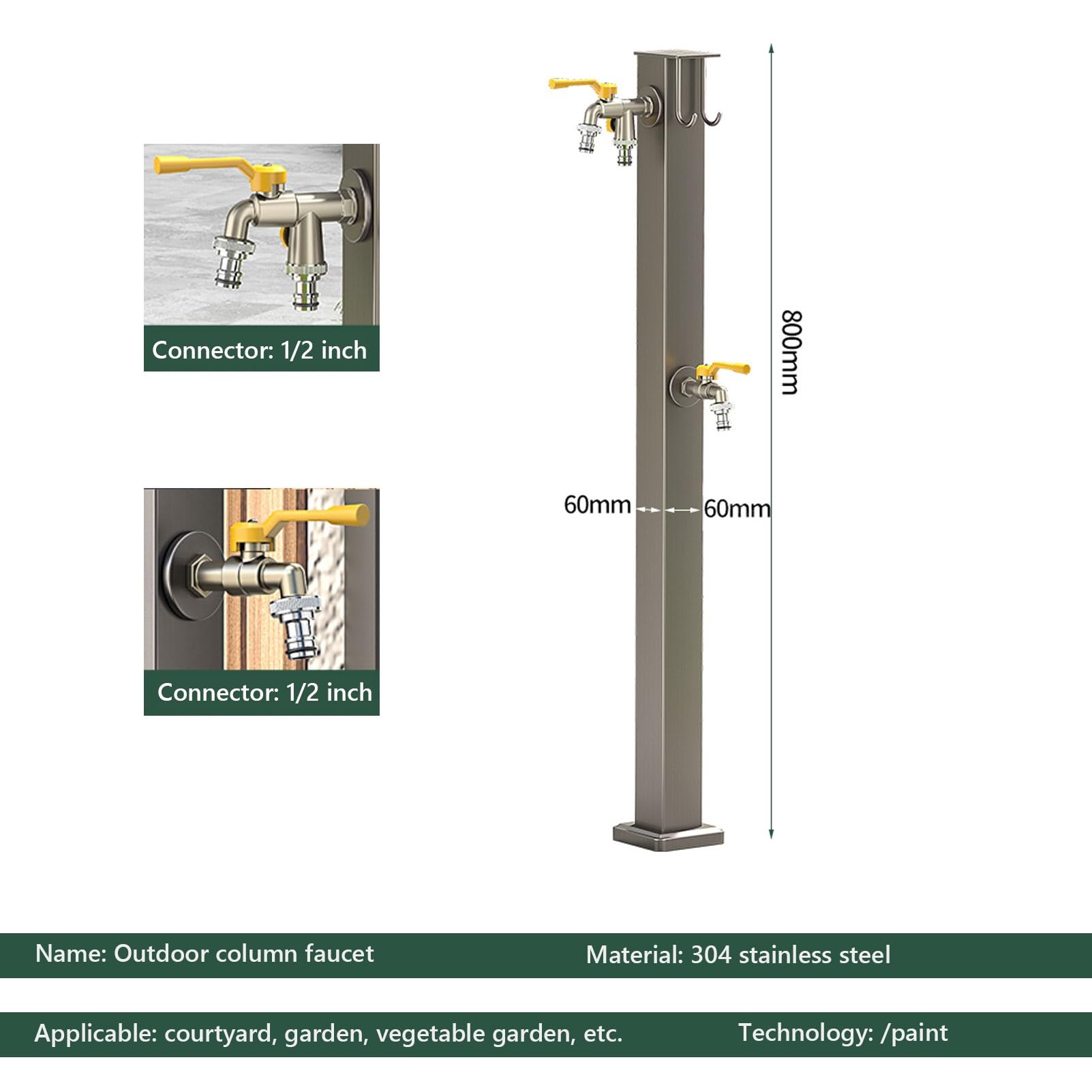 Columna de agua de acero inoxidable para exteriores con 2 grifos, manguera anticongelante, extensor de grifo, montaje en el suelo, fuente de agua decorativa, dispensador de hidrante