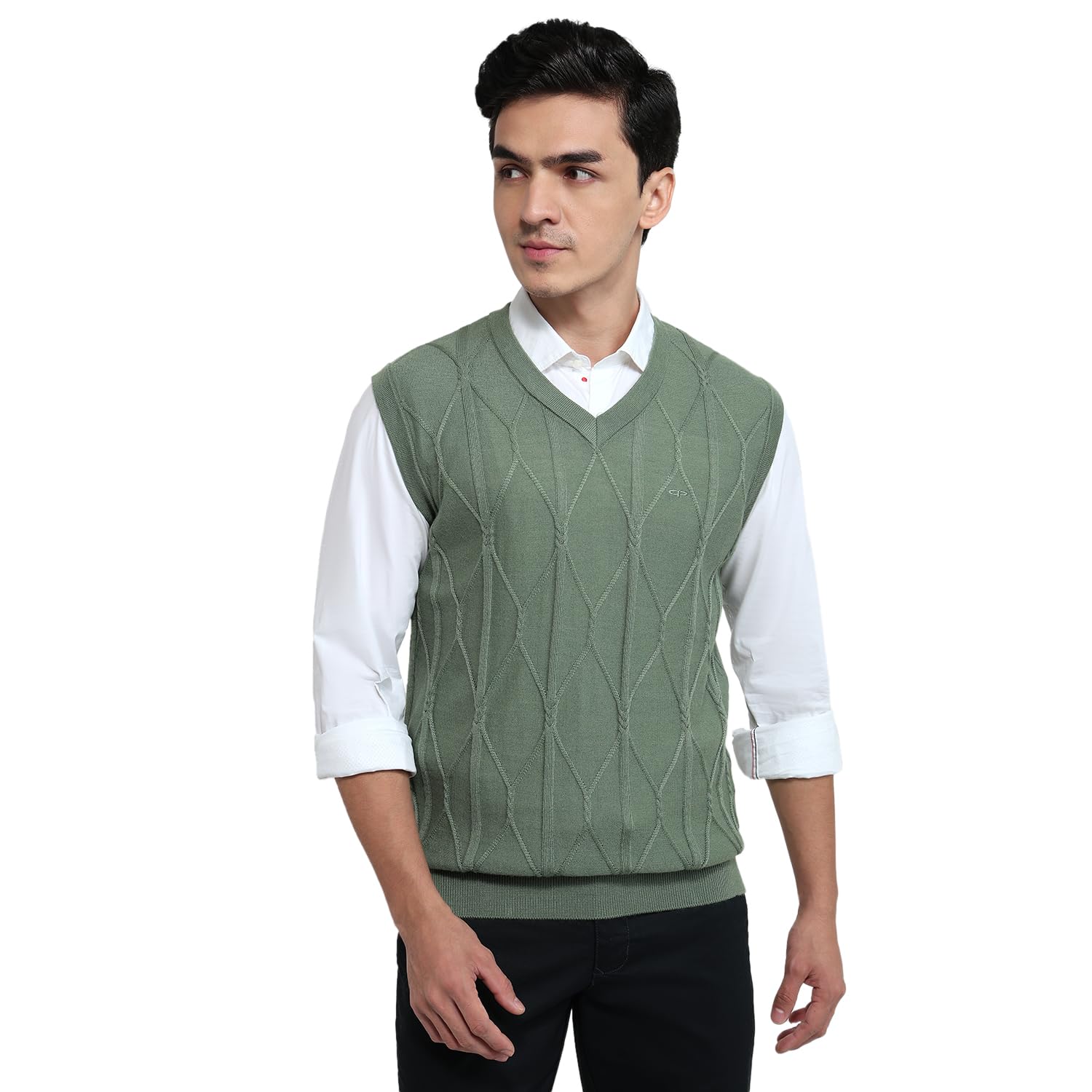 Men Regular Fit Structure Pattern Merino Wool Acrylic Blend Sleeveless V Neck Casual Sweater