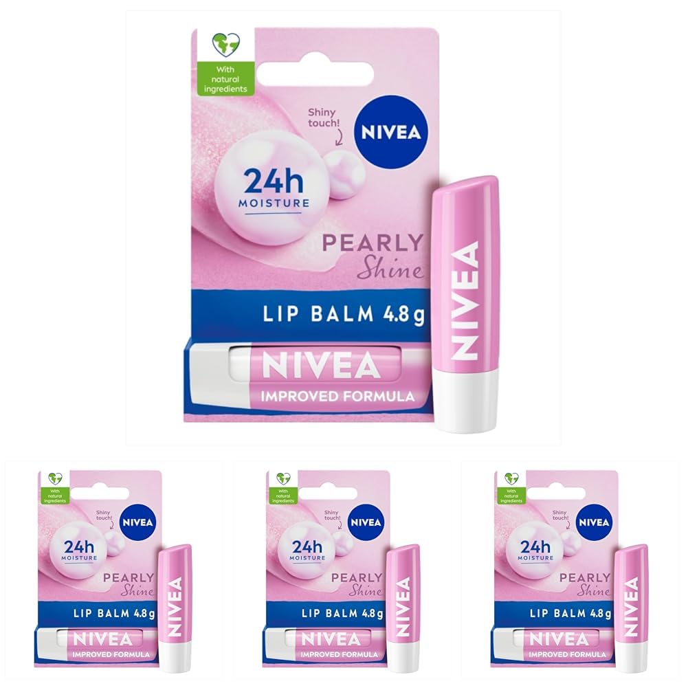 NIVEA Pearly Shine Lip Balm (4.8g), Lip Balm with Shea Butter, Natural Oils and Vitamins, Provides 24h Moisture and a Glamorous Shiny Touch, Nourishing Lip Care (Pack of 4)