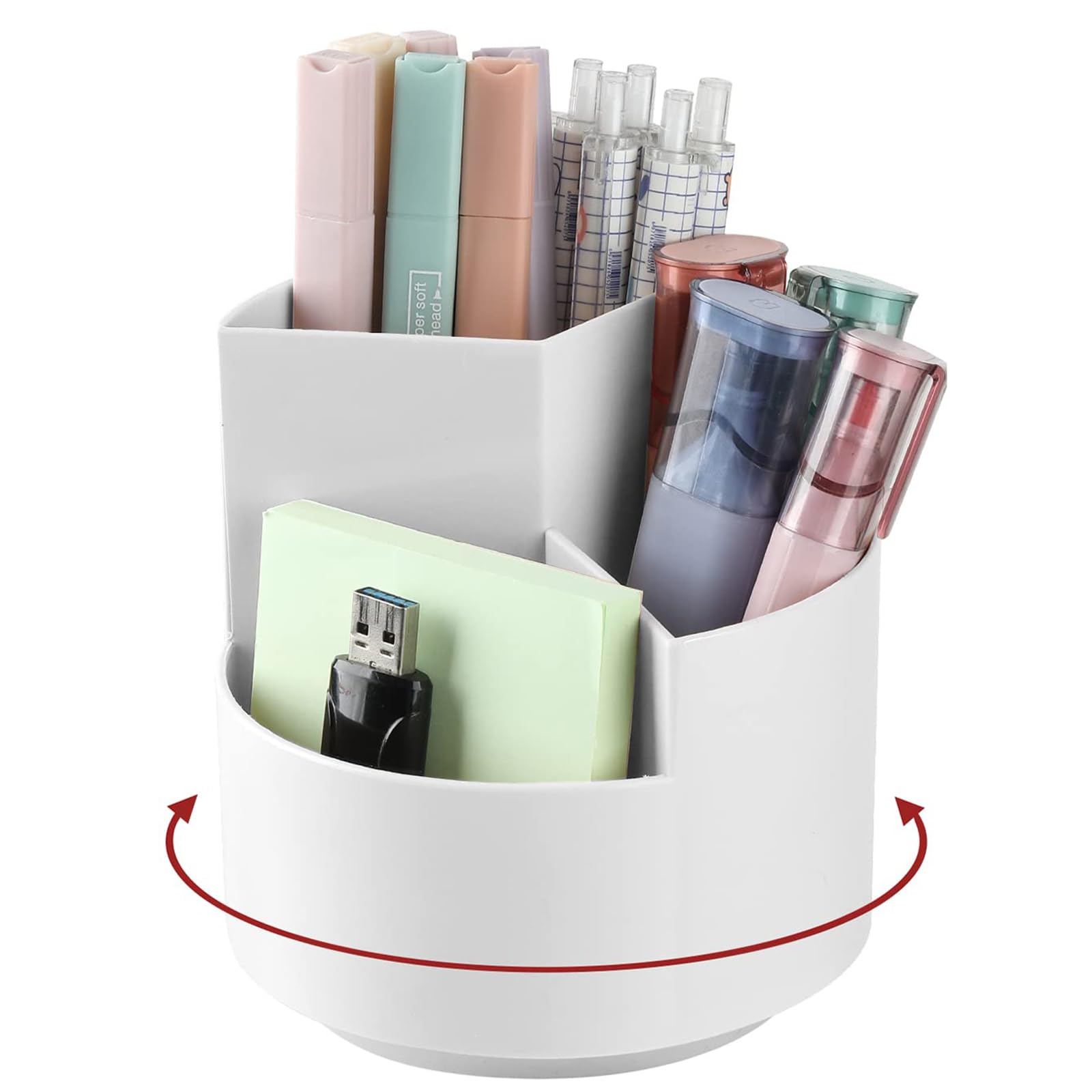 X spring Pen Holder, 360° Degree Rotating Desk Organizers, Cute Pencil Cup Pot, Pencil Holder with 3 Slots, Multifunctional Pen Organizer for Home, Office and School (White)