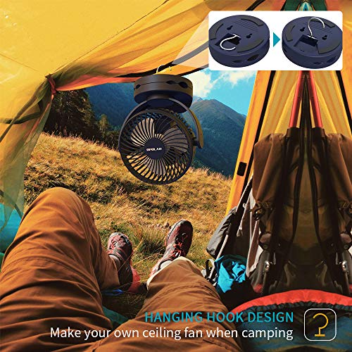 OPOLAR 5000mAh Camping Lantern Clip On Fan with Hanging Hook, 4 Speeds Quiet Wind Personal Fan with 35 Hours Work Time for Tent, Hurricane Emergency, Battery Operated Desk Fan for Home & Office