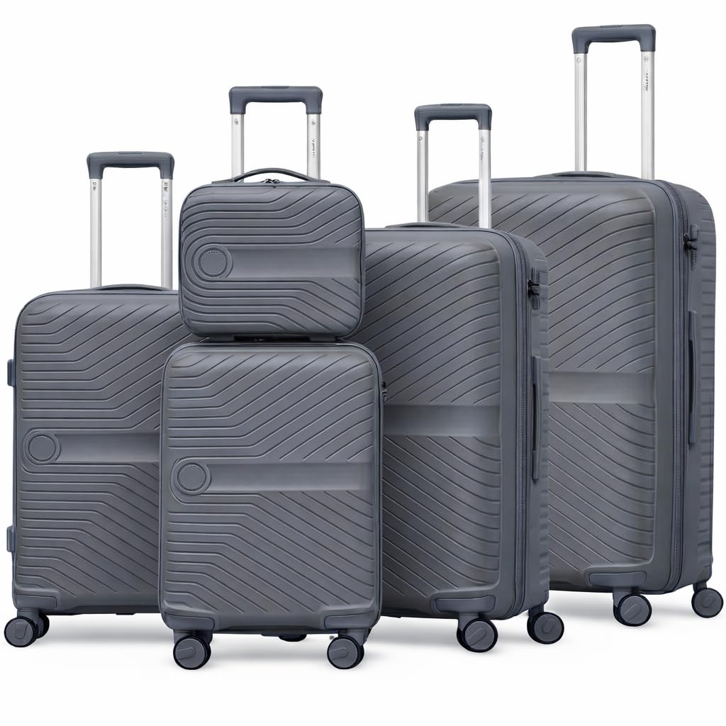 Premium 5-Piece Hard Shell Luggage Set, ABS+PC Trolley Bags with Spinner Wheels & Customs Lock, Dark Grey