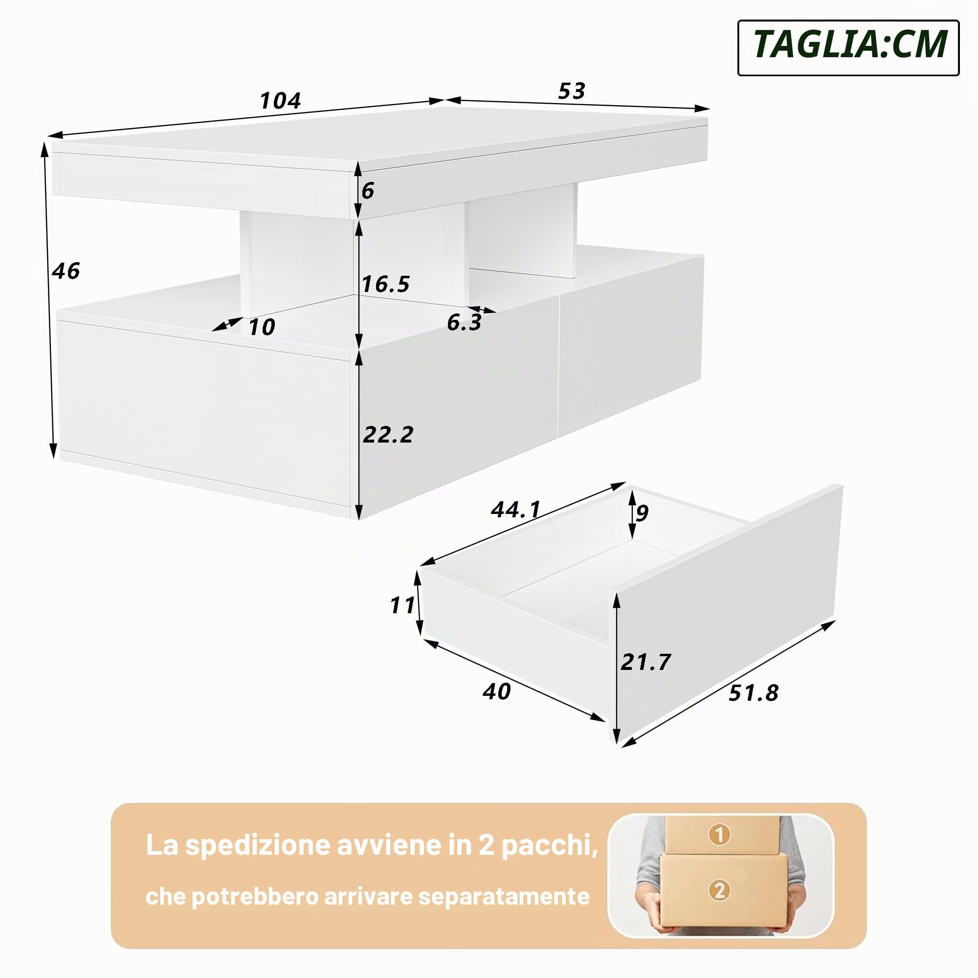 Tavolino da salotto, bianco, lucido, con illuminazione a LED RGB, tavolino con 2 cassetti, tavolino con vano portaoggetti, moderno, superficie liscia, 104 x 46 x 53 cm (bianco)