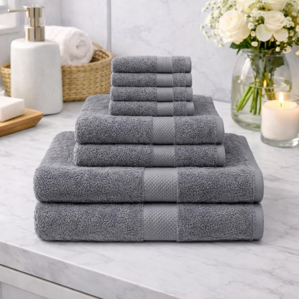 Combed Cotton Premium Towel, 550 GSM Super Soft & Absorbent Towel, 2 Bath Towels 2 Hand Towels 4 Face Towels for Shower Spa and Daily Use, Durable Gentle, Charcoal