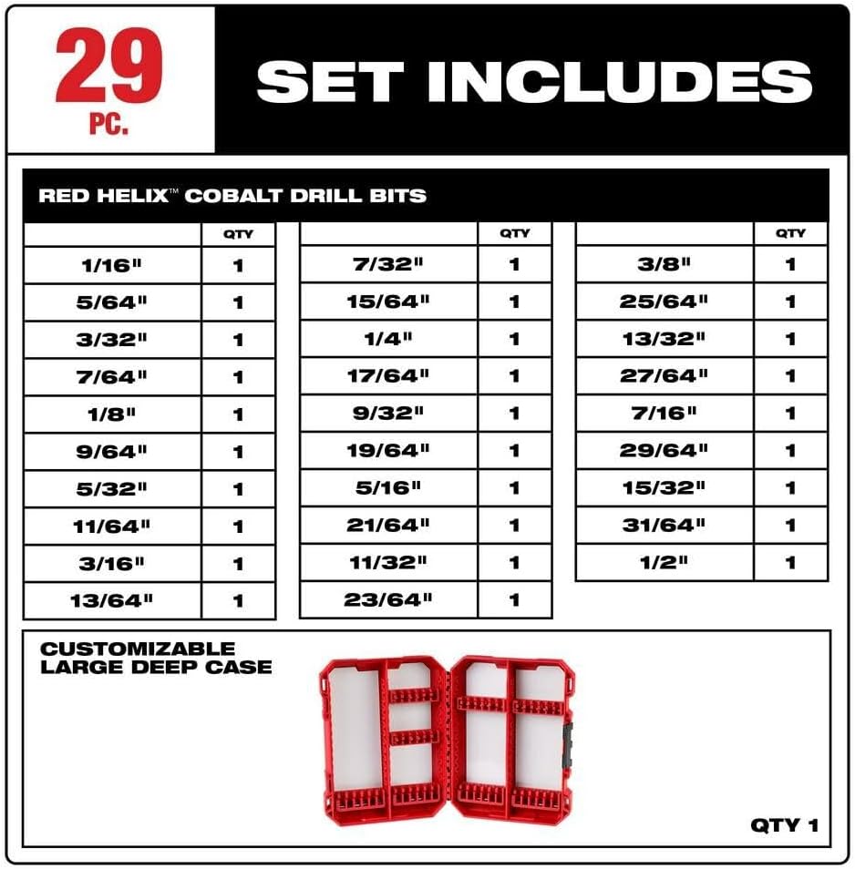 Milwaukee Electric Tools 48-89-2332 29Pc Cobalt Helix Drill Bit Set, Red