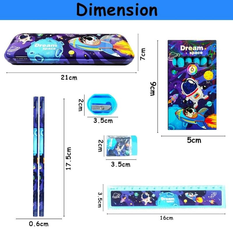 Image of Doremon Stationary Kit with 1 Pencil Box Case 2 Pencils 6 Crayon Colors 2 Space Gel Pen 1 Ruler Scale Eraser Sharpener Kit for Kids (Character As Per Available)