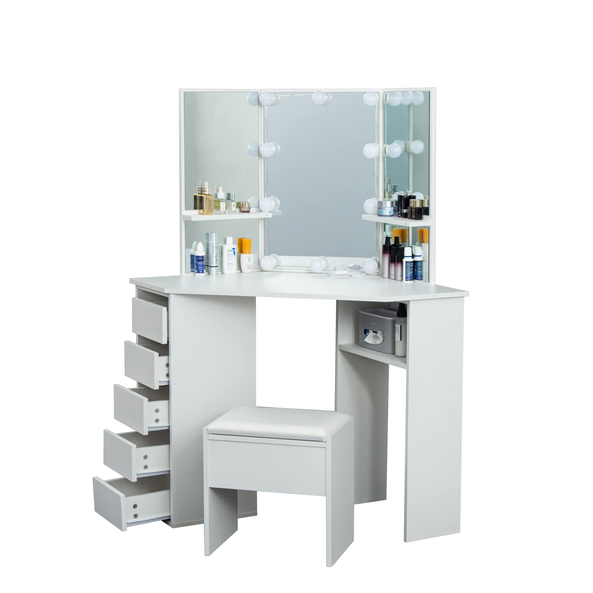 JOYSOURCE ドレッサー 三面鏡 LEDミラーライト付き 化粧台 鏡台