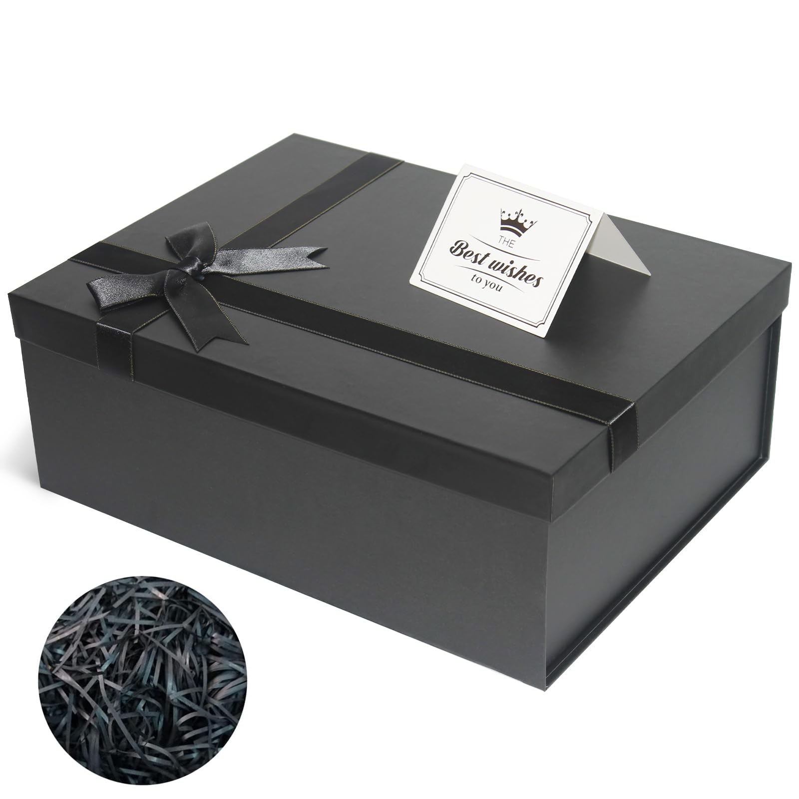 EerbaierLarge Gift Box with Lid 13 x 9.9 x 5 Inches - Black Gift Wrap Box with Ribbon Row, Card & Shredded Paper Filler - Ideal Gift Box for Presents Wrapping