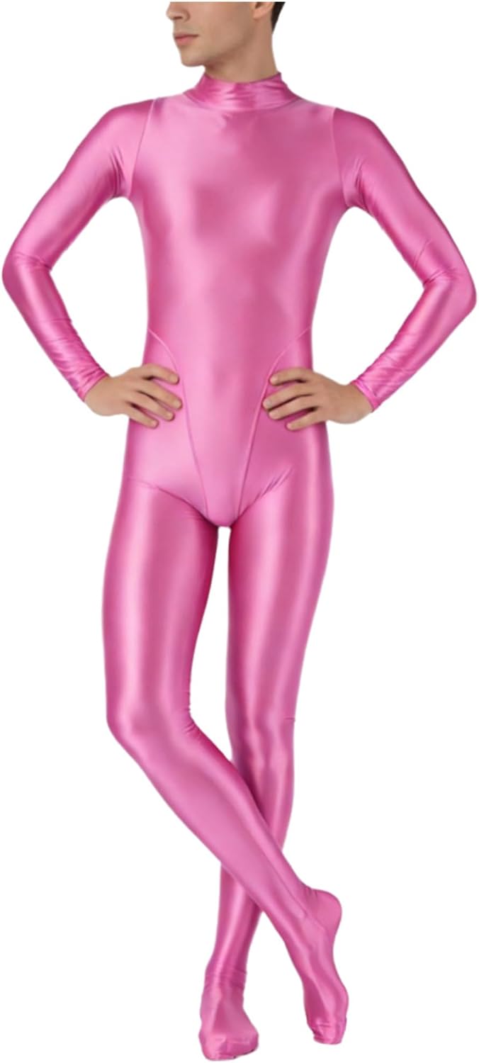 Jhaoyu Mens Solid Color Glossy Gymnastics Unitard Long Sleeve Back Zipper Footed Leotard Sportwear