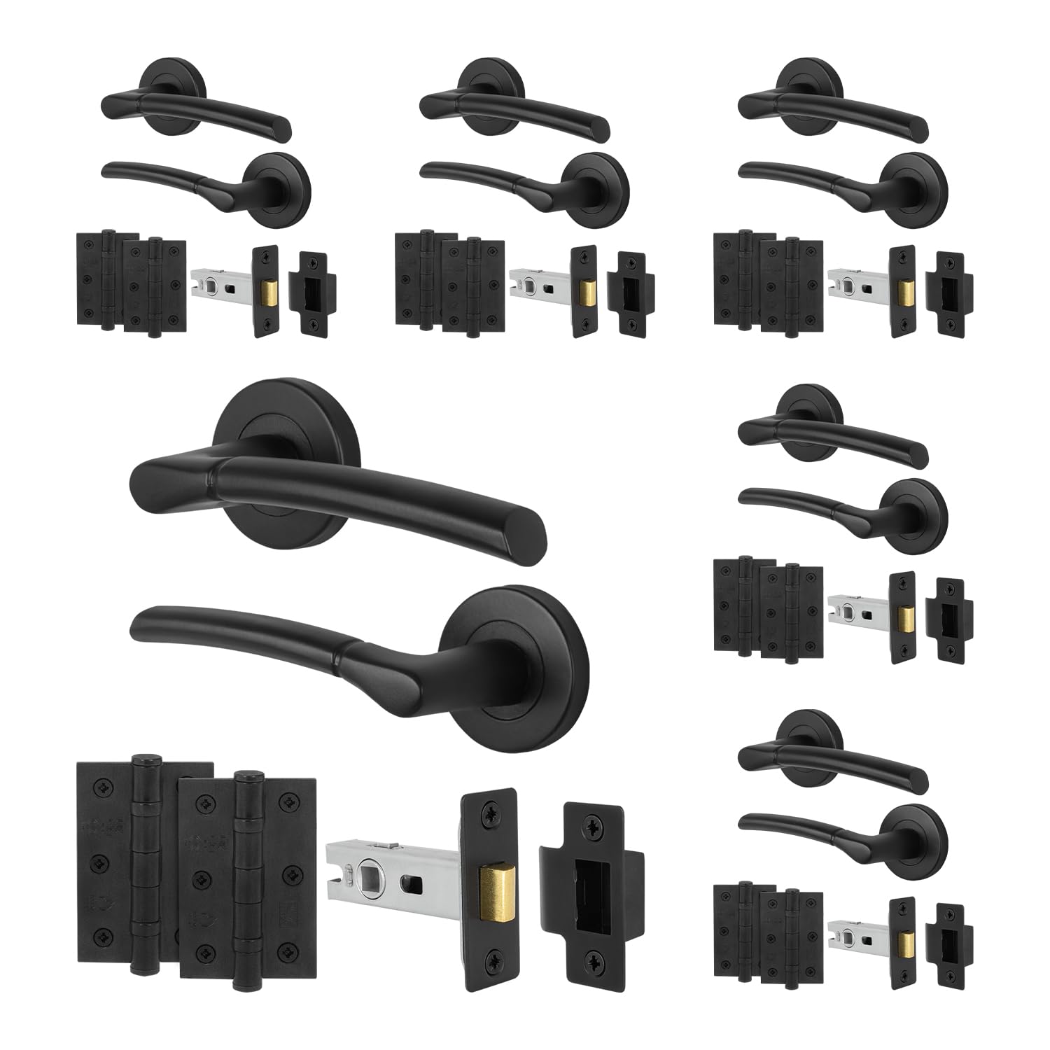 EAI Black Door Handle Latch Set, 6 Pairs Internal on Rose Matt Black Handles, Latch (64mm) Hinges (76mm) - Bova Range