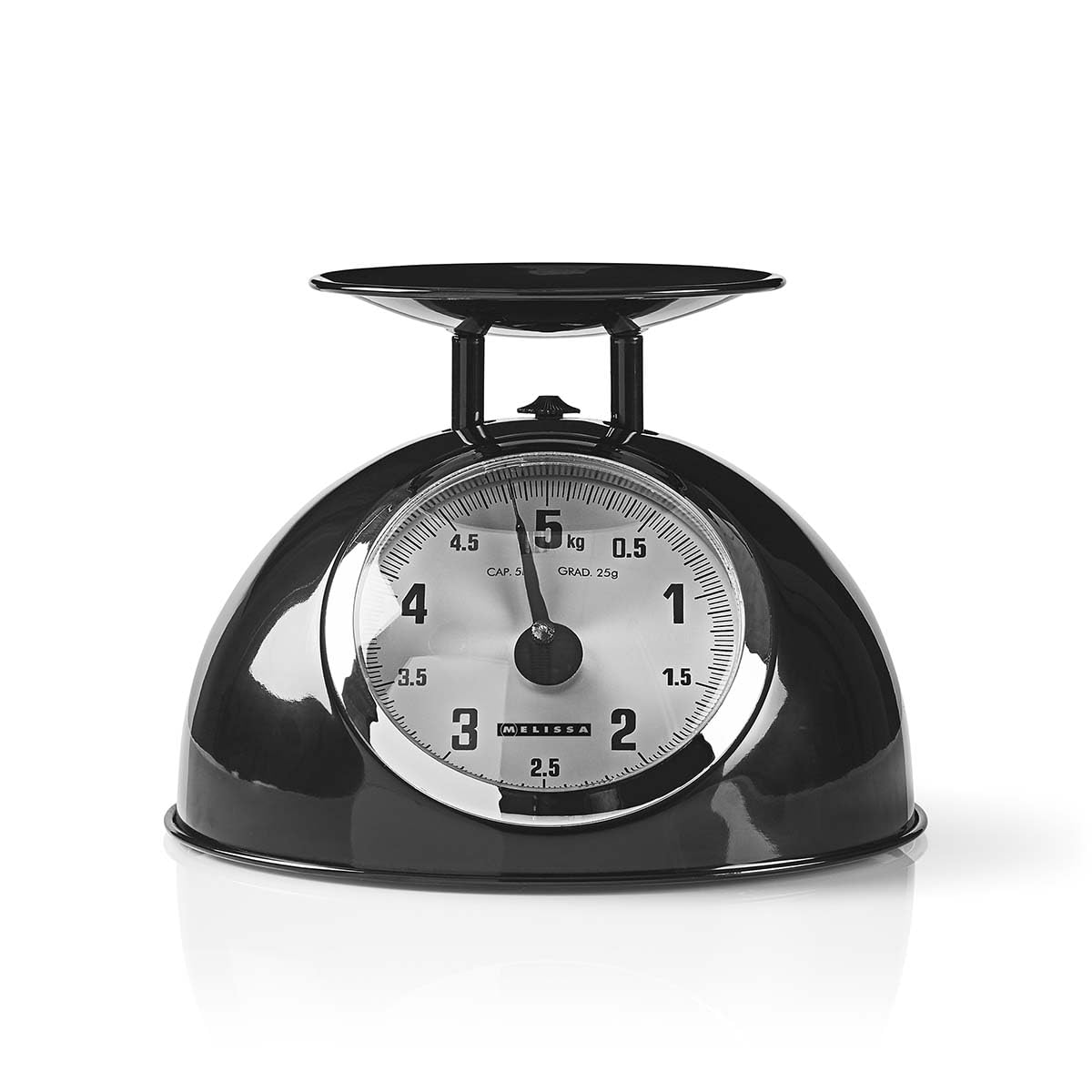 Melissa Mechanische Küchenwaage, Analog mit Edelstahlschüssel, Küchenwaage Digital, Waage Küche, Küchenwage, Küchenwaagen 5kg Kapazität, 25g Skalierung, Schwarz, Abnehmbare Schale, Metallgehäuse