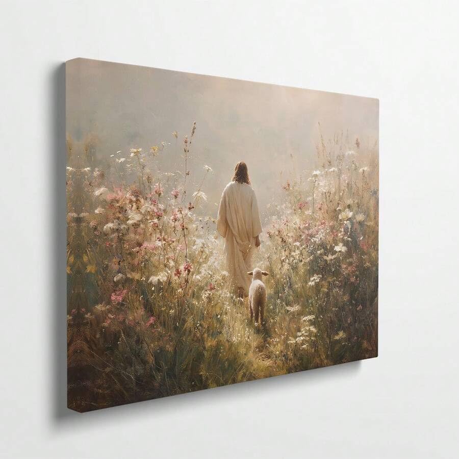 CHAOJIART Póster de Jesús deja el 99, pastor, floral, cristiano, religioso, arte de pared, impresión en lienzo, arte de la oveja perdida, decoración estética (30 x 50 cm/envoltura de lienzo)
