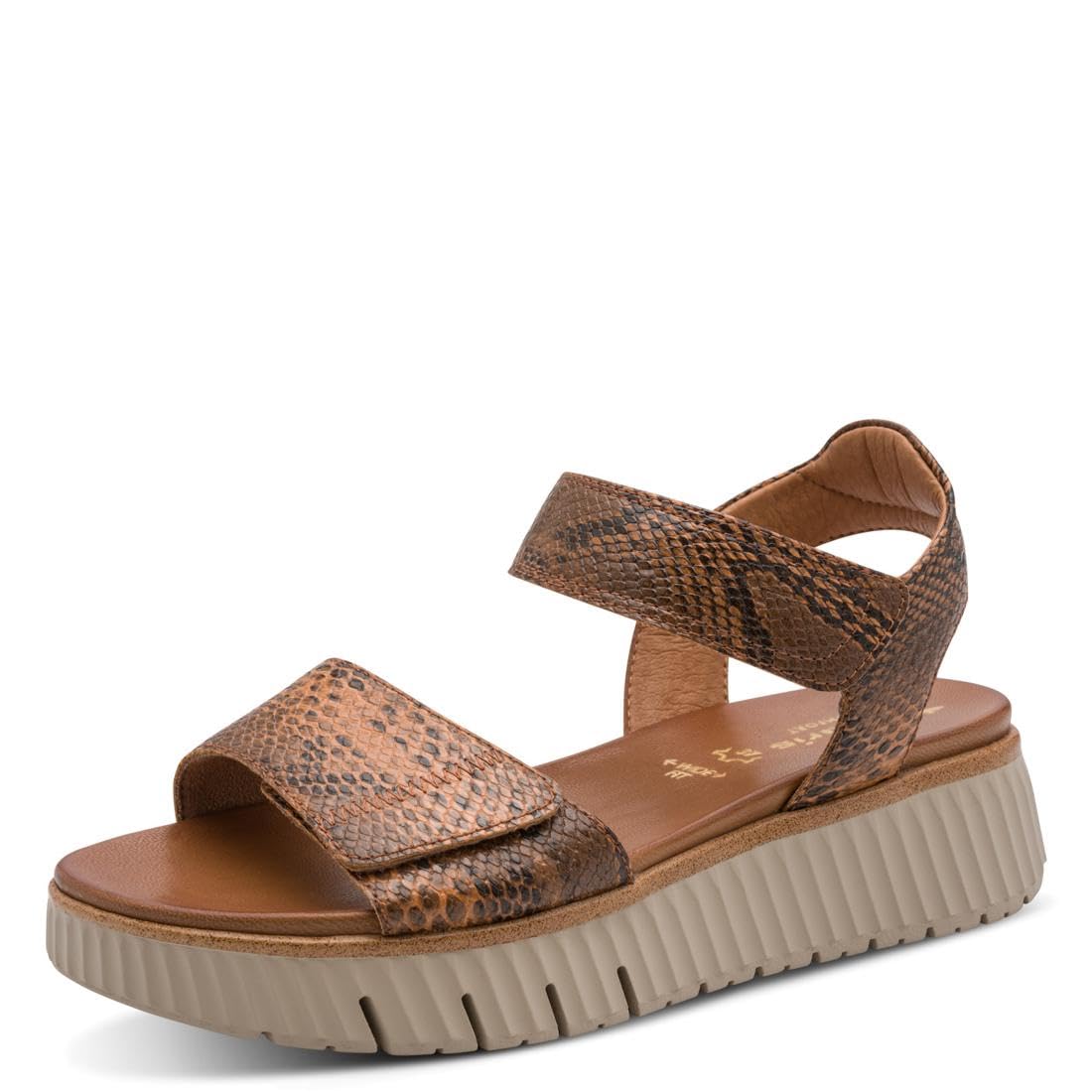 Tamaris Comfort Women's Wedge/Plat Sand MultiAdjustable Wedge Sandal, Cognac Snake, 40 EU