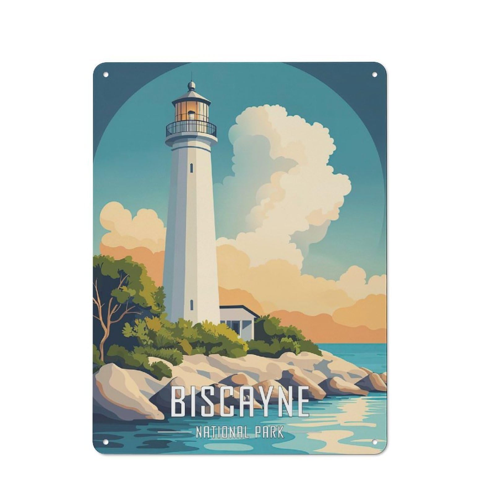 Junmoney Biscayne National Park Lighthouse Simple Retro Metal Wall Plaque 40X30cm, Studio Wall Plaque For Hobby Room, Office, Lounge Or Living Room
