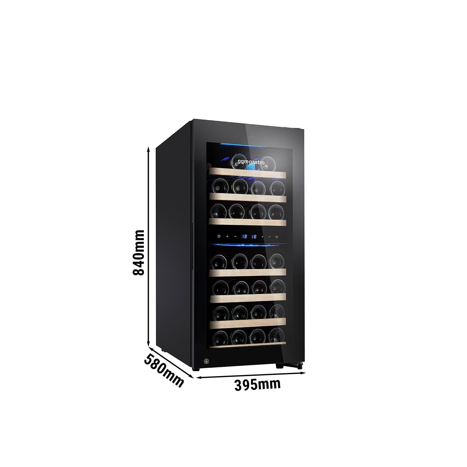 GGM Gastro Weinkühlschrank 100 L, 2 Zonen, 33 Flaschen, 39,5x58x84 cm | Präzise digitale Steuerung, edles Design mit LED-Beleuchtung, abschließbare Sicherheit, pflegeleichte Oberflächen