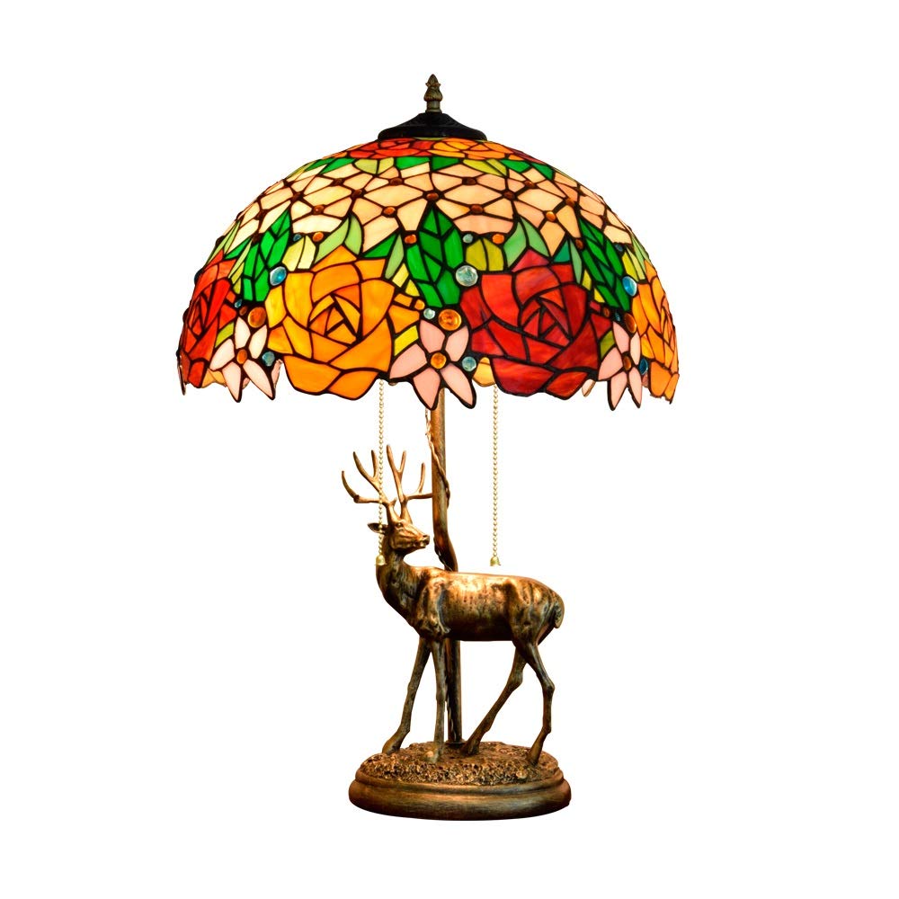 Aioneer 16 Inch Tiffany Stained Glass Table Lamp American Style Elk Base Rose Deer Deerlet Fawn Desk Lamp