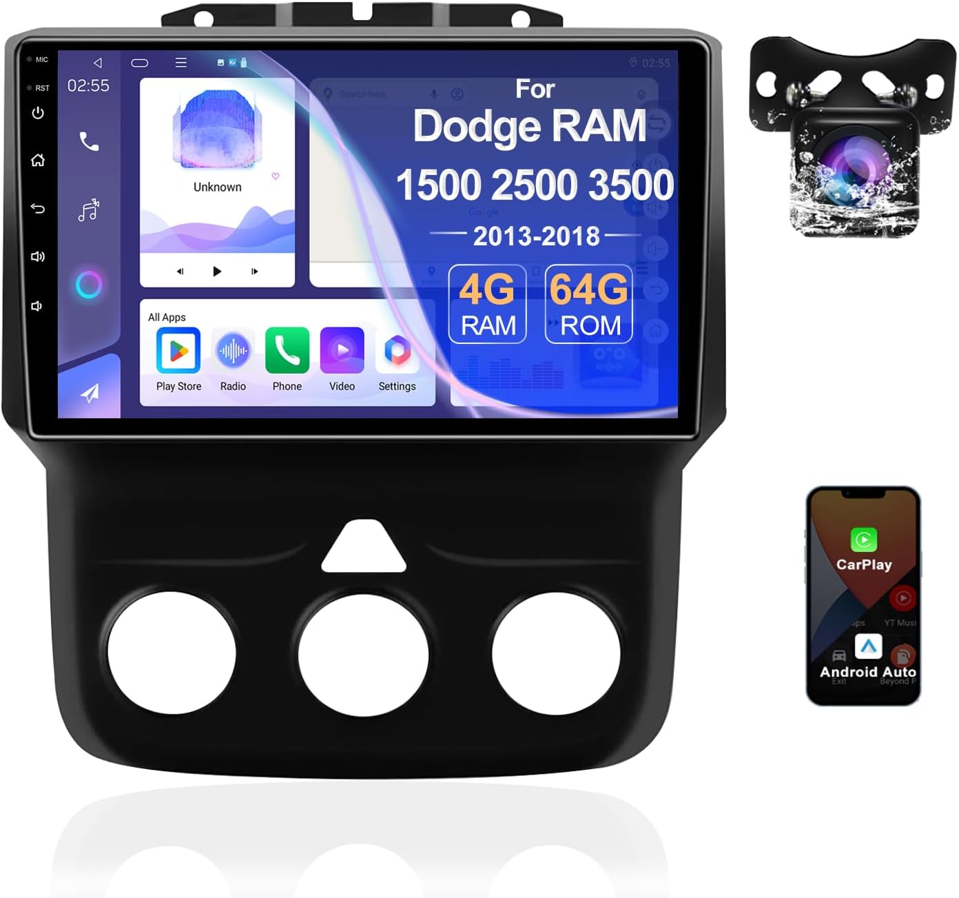 Android 14.0 2 Din Autoradio 9 Touchscreen Auto Stereo voor Dodge Ram 1500 2500 3500 2013-2018 met Draadloze Carplay Android Auto GPS navigatie AHD Omgekeerd beeld Stuurwielbediening(B,P3(2G 32G