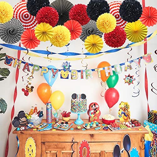 Image of Red Yellow Black Hanging Paper Party Decorations, Round Paper Fans Pom Poms Flowers Set for Mickey Mouse Theme Firetruck Birthday Wedding Graduation Baby Shower