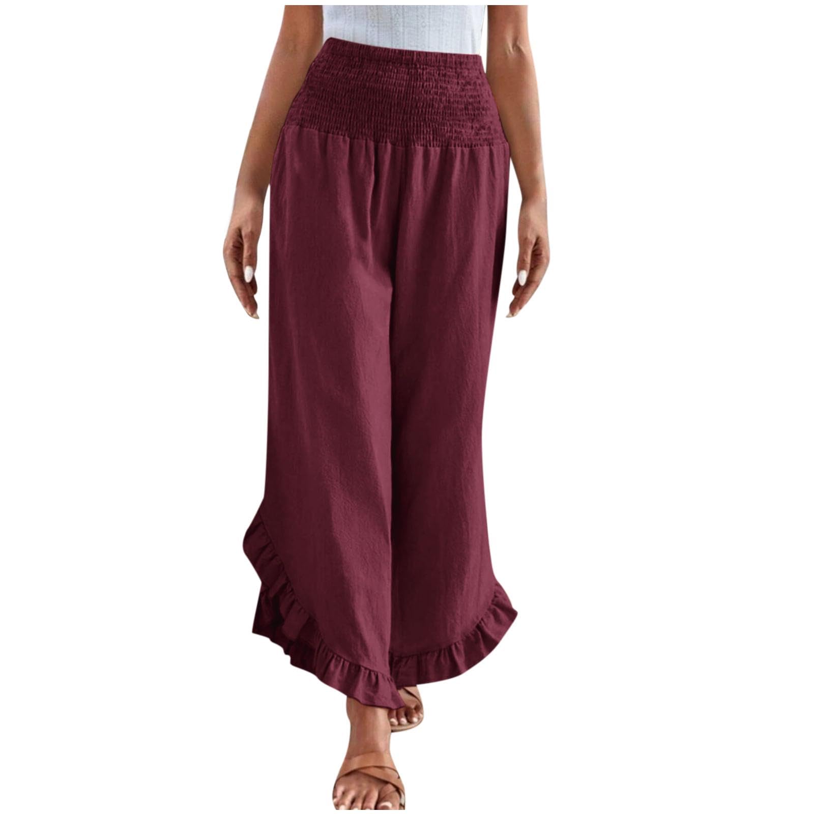Womens Cotton Linen Pants Summer Wide Leg Casual Loose Drawstring Smocked Waist Ruffle Hem Palazzo Pants Trousers with