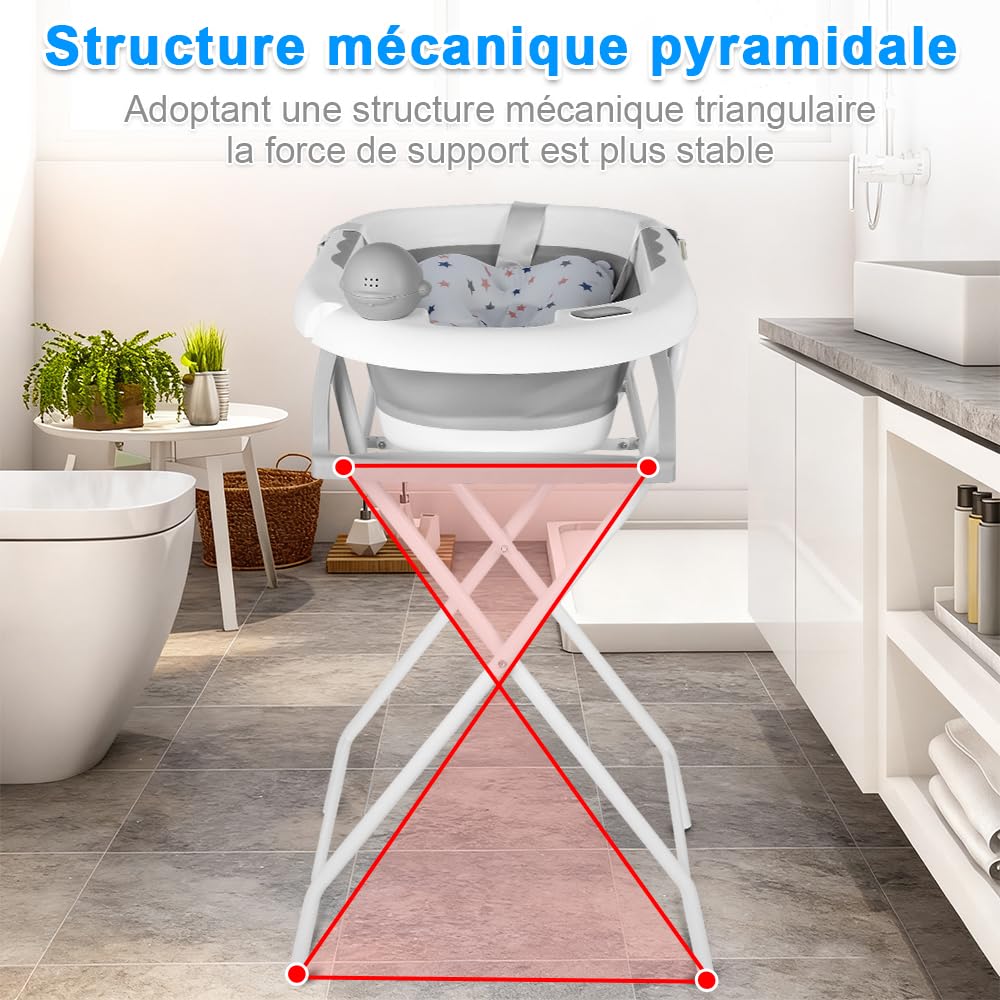 Homewell XXL - Bañera infantil plegable con cojín, termómetro de agua y enjuague para bebé, 82 x 42 x 22 cm (gris)