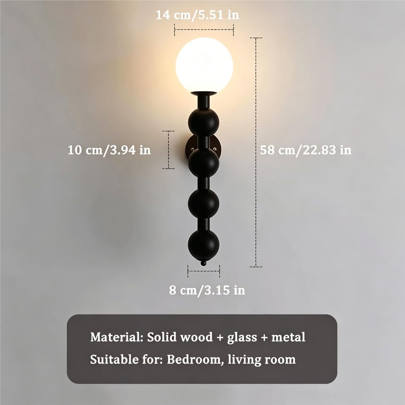 Applique da parete moderno in legno di frassino della metà del secolo Design a sfera sferica Vetro lattiginoso Globo Lampada da parete verticale Lampada da parete verticale Noce Marrone Camera(Dark)