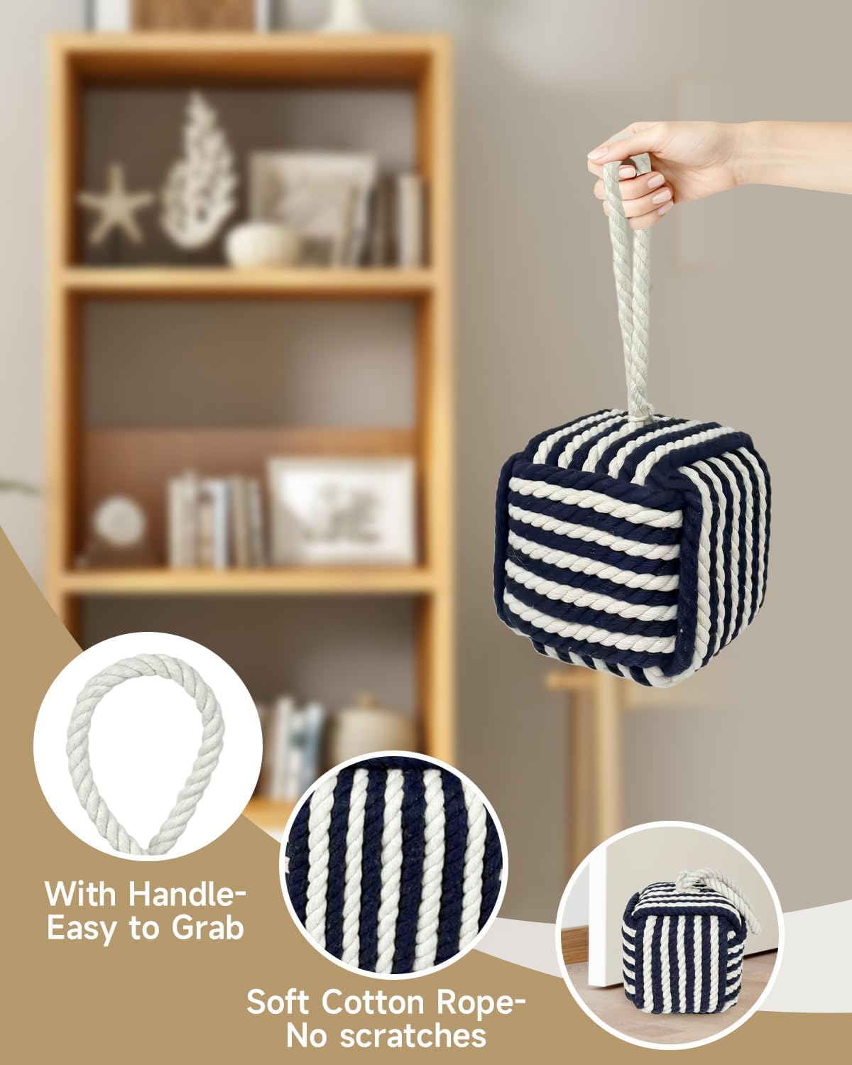5.5 Lbs Weighted Decorative Door Stopper for Bottom of Door, Cute Door Stop for Heavy Duty Doors, Soft Rope Knot Doorstop for Nautical Home Decor, Blue&White